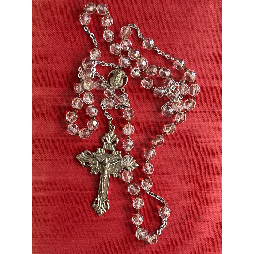 Vintage Catholic Rosary Faceted Glass Beads Ornate Crucifix Sacred Heart